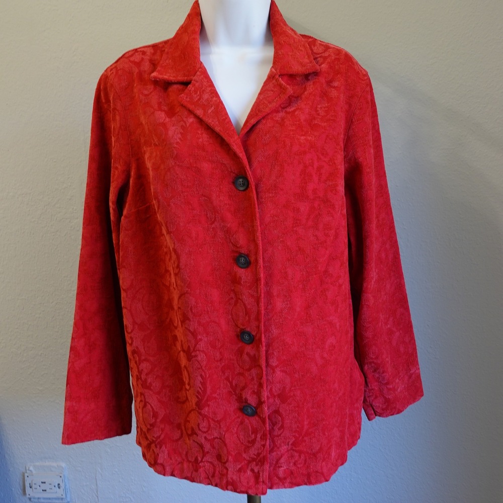 Classic Elements Bright Red Floral Jacquard Textured Blazer Jacket Womens Medium